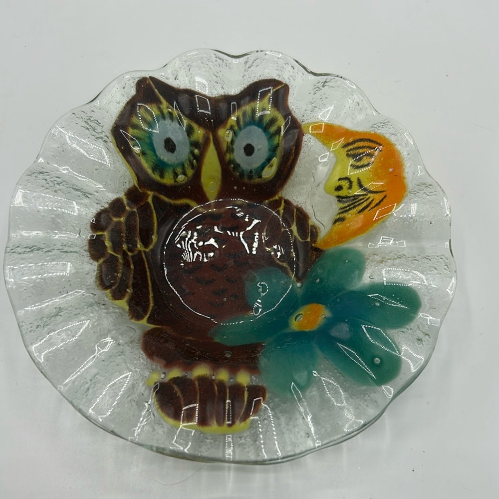 Sydenstricker Fused Glass Ruffled Serving Bowl. Owl, Moon & Flower 6 1/2in